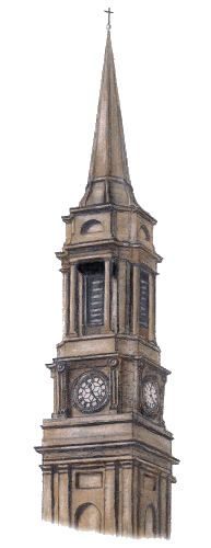 Tower and spire of Gorbals Parish Church, Carlton Place, drawn by Gerald Blaikie