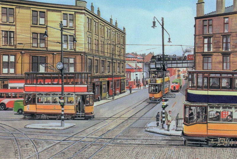 1950's view of Gorbals Cross looking towards railway bridge at Ballater Street
