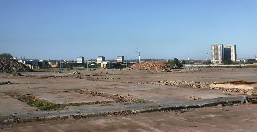 Long view of surviving tower blocks of Hutchesontown from site of demolished Larkfield Bus Depot, 2017