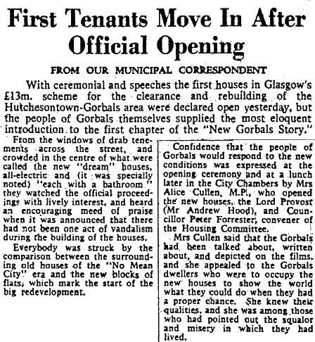 Extract from Glasgow Herald 6th May 1958 describing opening ceremony for Hutchesontown 'Area A'