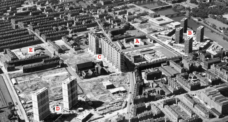 Aerial view of the various Hutchesontown redevelopment areas, c.1968