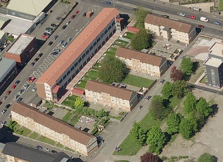  >Modern view of 1950's housing blocks of Hutchesontown 'Area A'