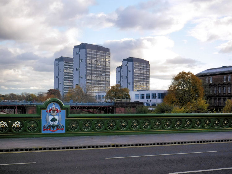 View of tower blocks of Hutchesontown 'Area B' from refurbished Albert Bridge, November 2016