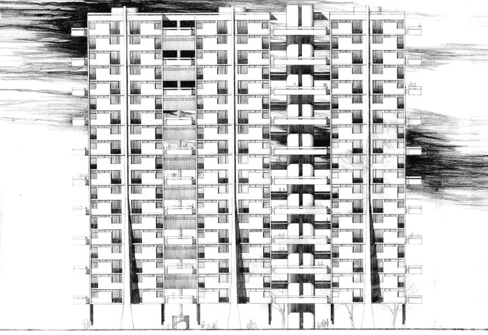 Architect's drawing of multi-storey block at Queen Elizabeth Square, Hutchesontown 'Area C'