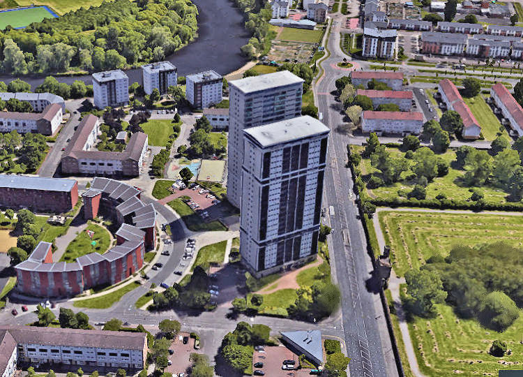 View from the west of old and new buildings at Hutchesontown 'Area D'