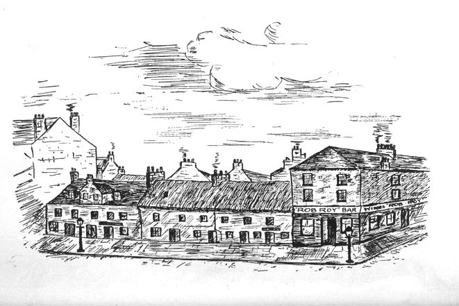 Pencil sketch of thatched cottages and Rob Roy pub, Main Street Gorbals
