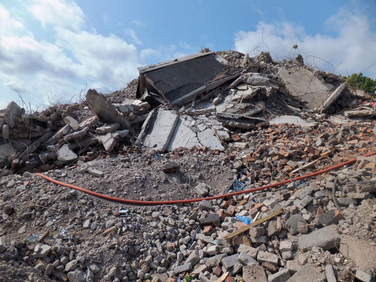 Close up view of the rubble left after demolition of tower block at Norfolk Court, May 2016