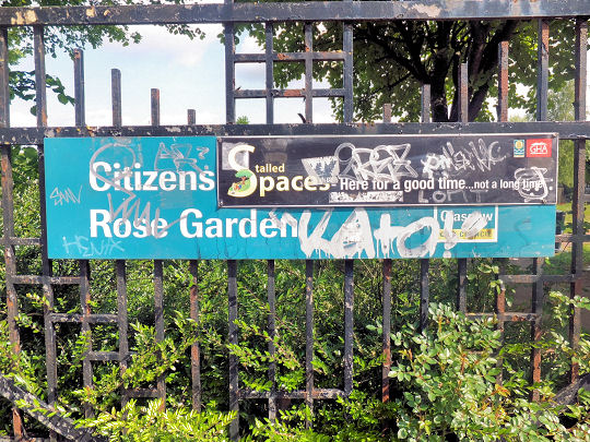 Sign at abandoned Citizens Rose Garden: 'Here for a good time...not a long time'