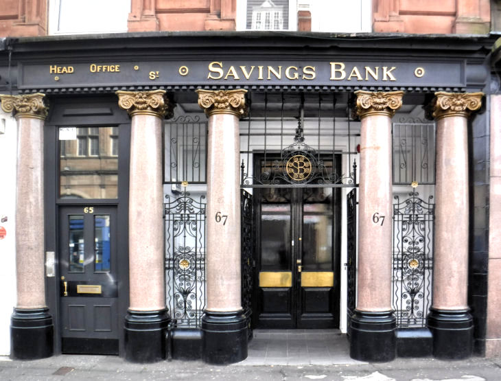 Restored frontage of southern branch of Glasgow Savings Bank, 67 Bridge Street