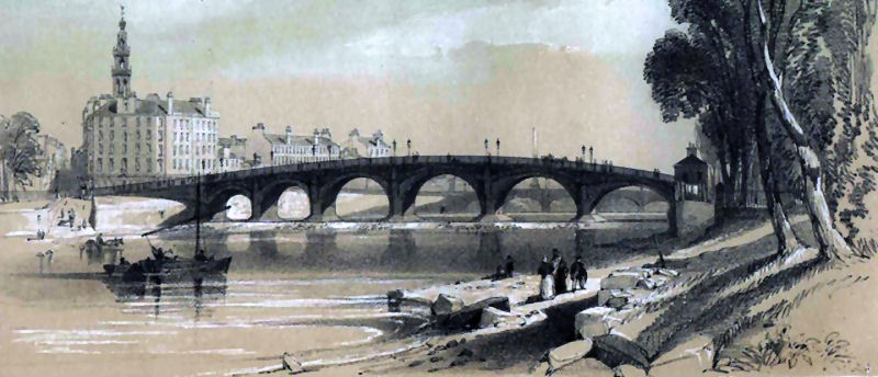 View of the early Stockwell Bridge from the riverbank at Laurieston