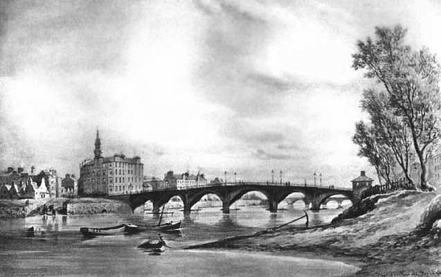 View of the early Stockwell Bridge from the riverbank at Laurieston