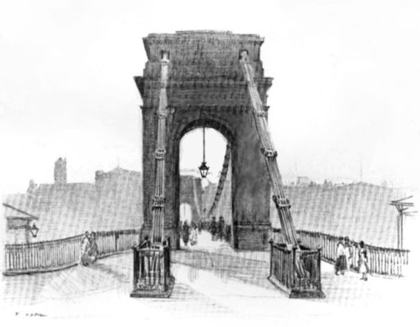 Pencil sketch of Suspension Bridge, looking south towards Laurieston, 1926