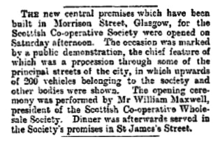 Extract from <I>Glasgow Herald</I> 4th January 1897 regarding opening of SCWS building in Morrison Street