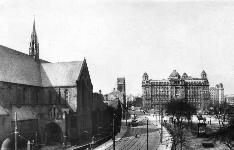 Early 1950's view of trolleybus passing Barony Church and Royal Infirmary