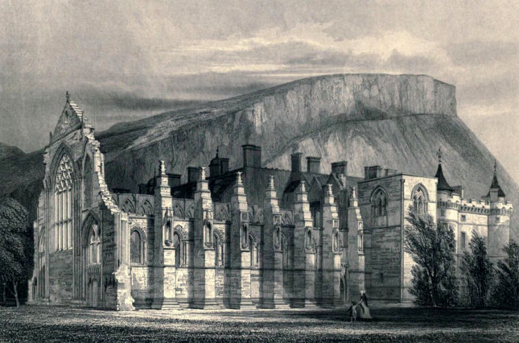 Engraving showing ruins of Chapel Royal and Palace of HolyroodhTheouse
