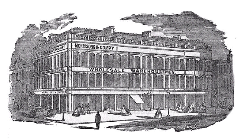 Engraving of cast iron fronted warehouse on east side of Jamaica Street