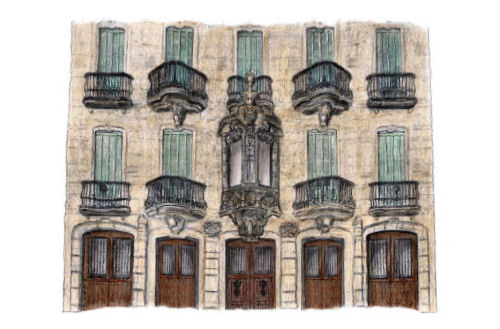 Drawing of the Casa Calvet in Barcelona, architect Antoni Gaudi