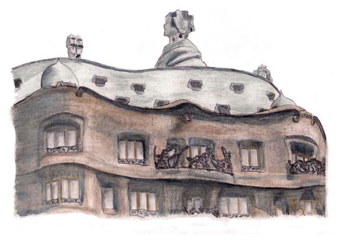 Drawing of the Casa Mila in Barcelona, architect Antoni Gaudi