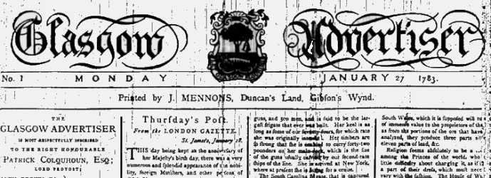 Title of first edition of Glasgow Advertiser newspaper, January 27 1783