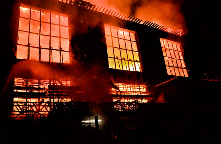 Burning fa�ade of Glasgow School of Art, June 2018. Credit: Scottish Fire & Rescue Service