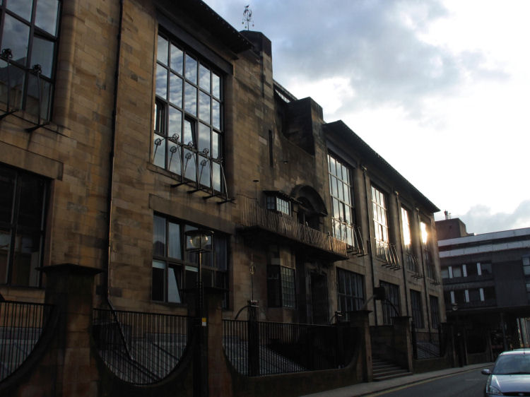 Evening view of Renfrew Street fa�ade of Glasgow School of Art from the east