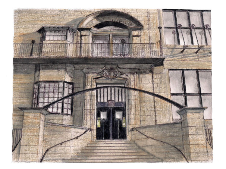 Entrance to Glasgow School of Art, drawn by Gerald Blaikie