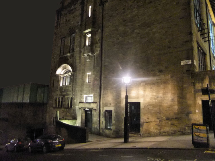 Atmospheric night time view of Dalhousie Street entrance of Glasgow School of Art