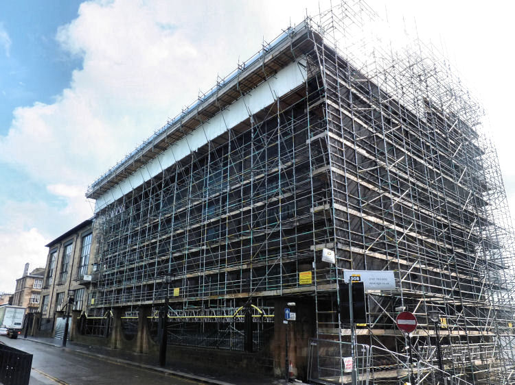 Scaffolding at west wing of Glasgow School of Art during reconstruction