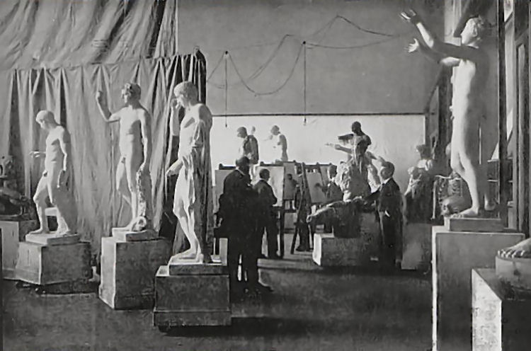 Students working behind sculptures at Glasgow School of Art, c.1900