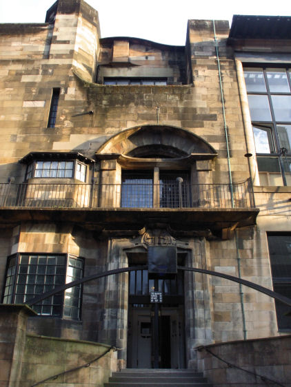 Looking up at Renfrew Street entrance of Glasgow School of Art