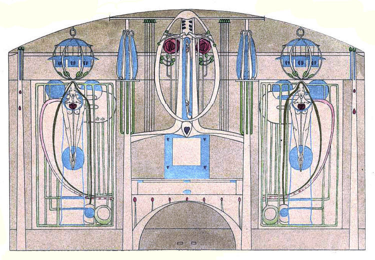 Mackintosh's sketch of decoration aaround piano in Music Room of House for an Art Lover