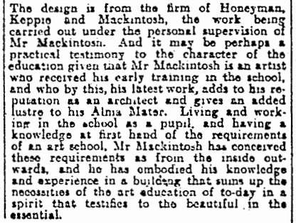 Extract from Glasgow Herald 26th June 1907 re Glasgow School of Art