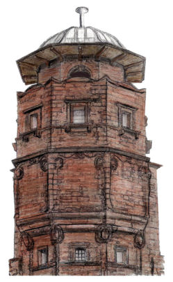 Rendering of the water tower of Glasgow Herald Building, designed by Charles Rennie Mackintosh
