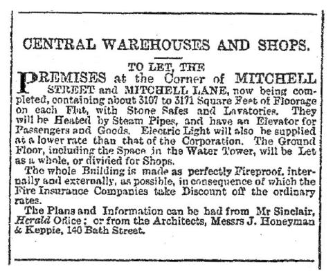 Notice in Glasgow Herald 30th January 1895, offering Mitchell Street premises to let