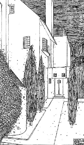 Drawing of entrance to Hill House by Charles Rennie Mackintosh