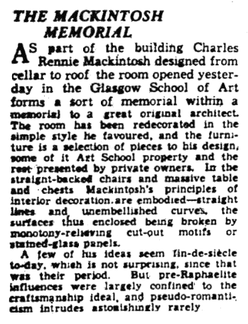 Report on opening of Mackintosh Room, 26th April 1947