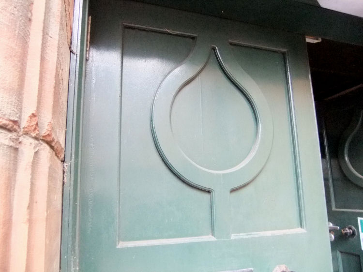 Decorative door at main entrance to Martyrs School