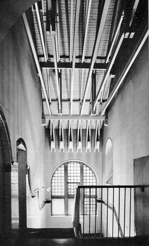 Internal view of roof structure at stairwell of Martyrs School