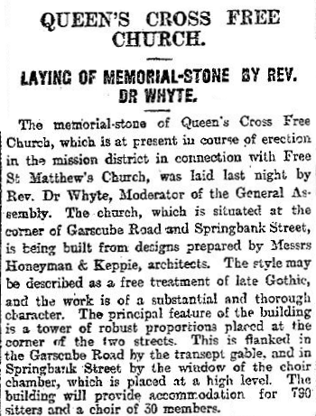 Extract from Glasgow Herald, 23rd June, 1898 re Queens Cross Church, Glasgow