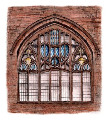 Drawing of blue heart window at Queen's Cross Church, Glasgow, by Gerald Blaikie