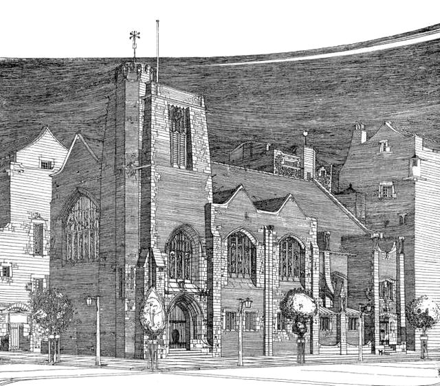 Perspective drawing of  Queen's Cross Church by Charles Rennie Mackintosh