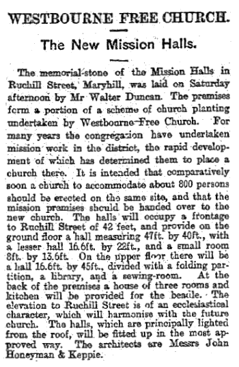 Extract from Glasgow Herald, 29th May 1899, regarding Ruchill Church Hall