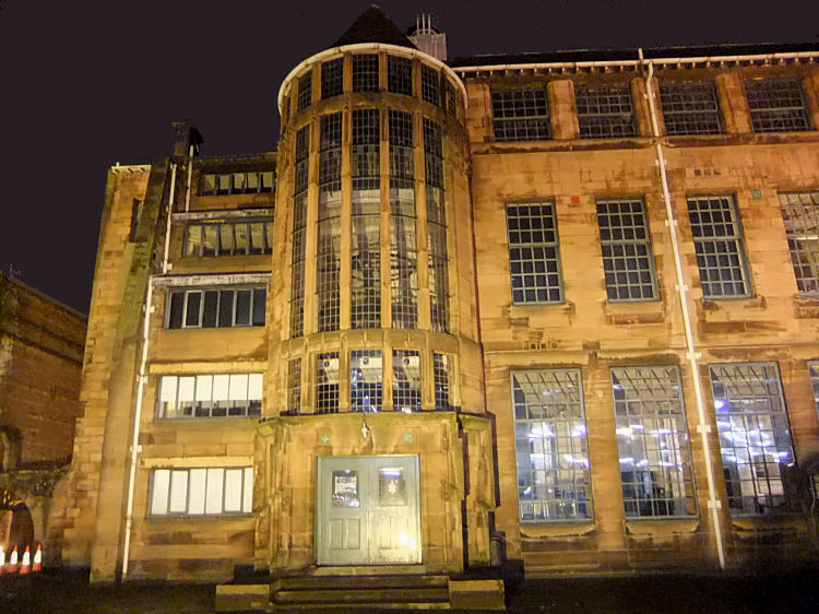 Floodlit eastern stair-tower at Scotland Street School