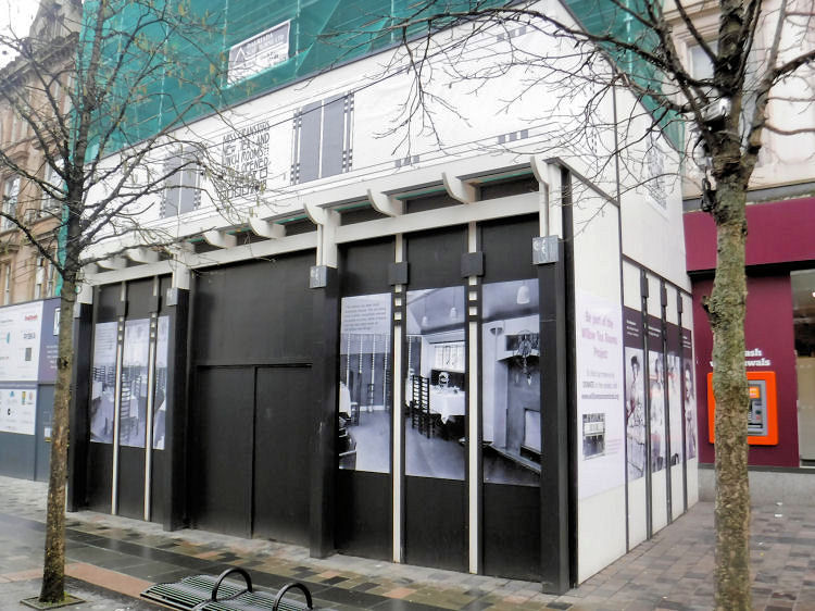 Scaffolding and screen covering the the fa�ade of Willow Tea Rooms, February 2017