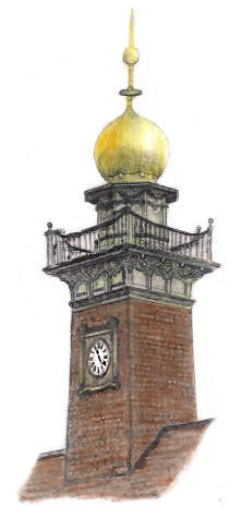Drawing of Clock tower at Botanic Gardens Station, Glasgow, by Gerald Blaikie