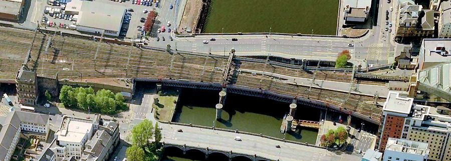 Aerial view of rail and road bridges on approaches to glasgow Central Station
