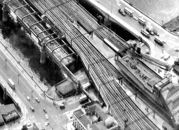 Aerial view of partially dismantled railway line from Bridge Street to Central Station