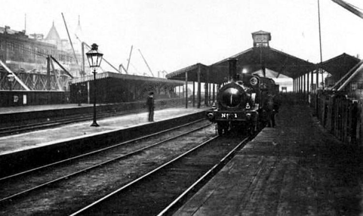 Steam engine at platform of original Bridge Street Station during reconstruction works c.1890 