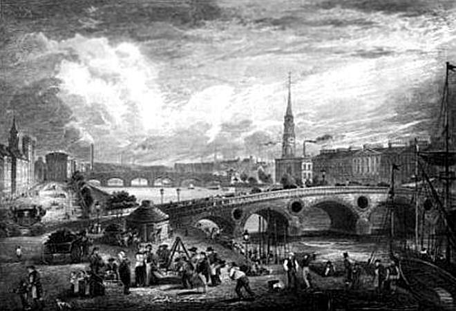 Engraving showing bridge at the Broomielaw, Glasgow