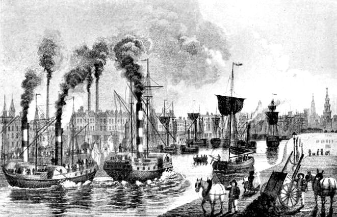 Engraving showing paddle ships at the Broomielaw, Glasgow